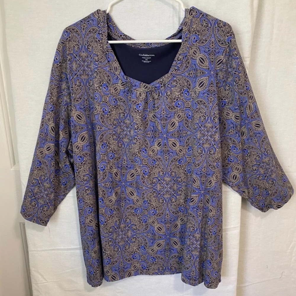 croft & barrow Blue Paisley Scoop Neck Long Sleeve Top